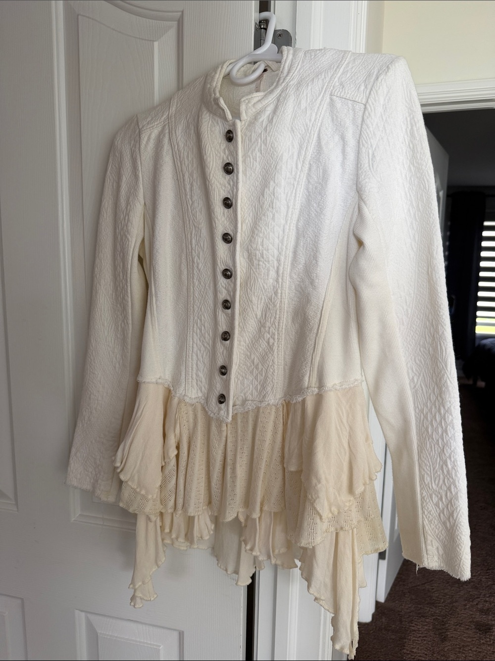 Free People Ivory Textured Button-Up Tunic with Layered Chiffon Hem